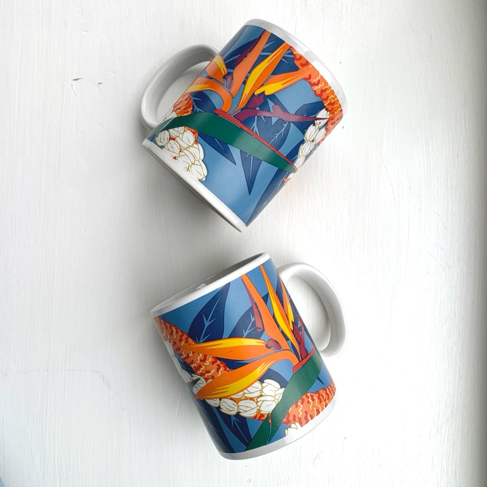 Y2K Hilo Hattie Hawaiian tropical flowers ceramic mugs set of 2